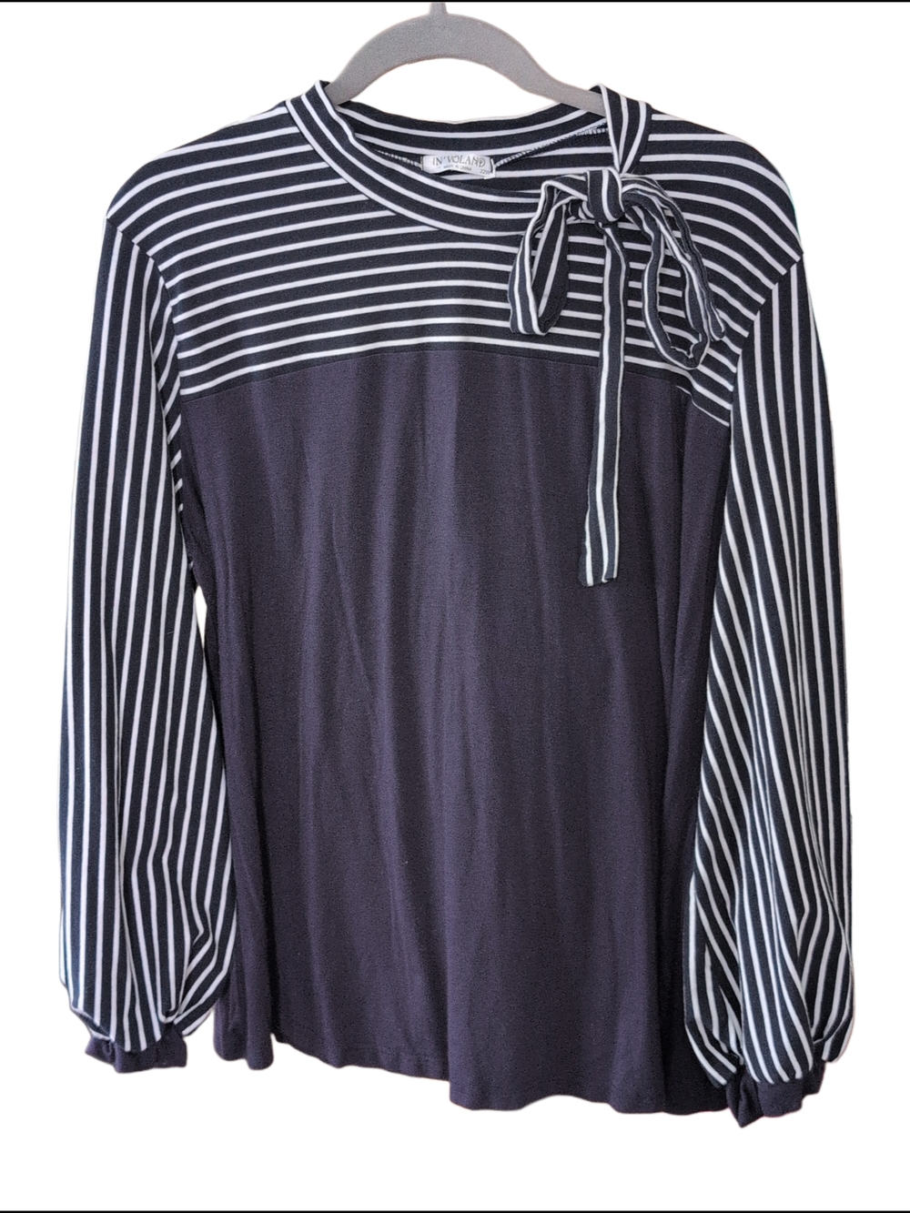 Striped Nautical Navy and White Tie Neck Accent Long Sleeve Blouse - In'Voland